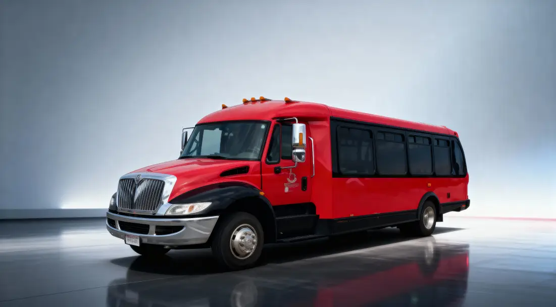 Red party bus at 3/4 profile on dark glassy surface