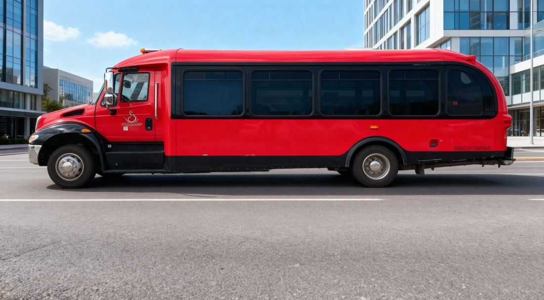 Red limo bus from the side with buildings in the background