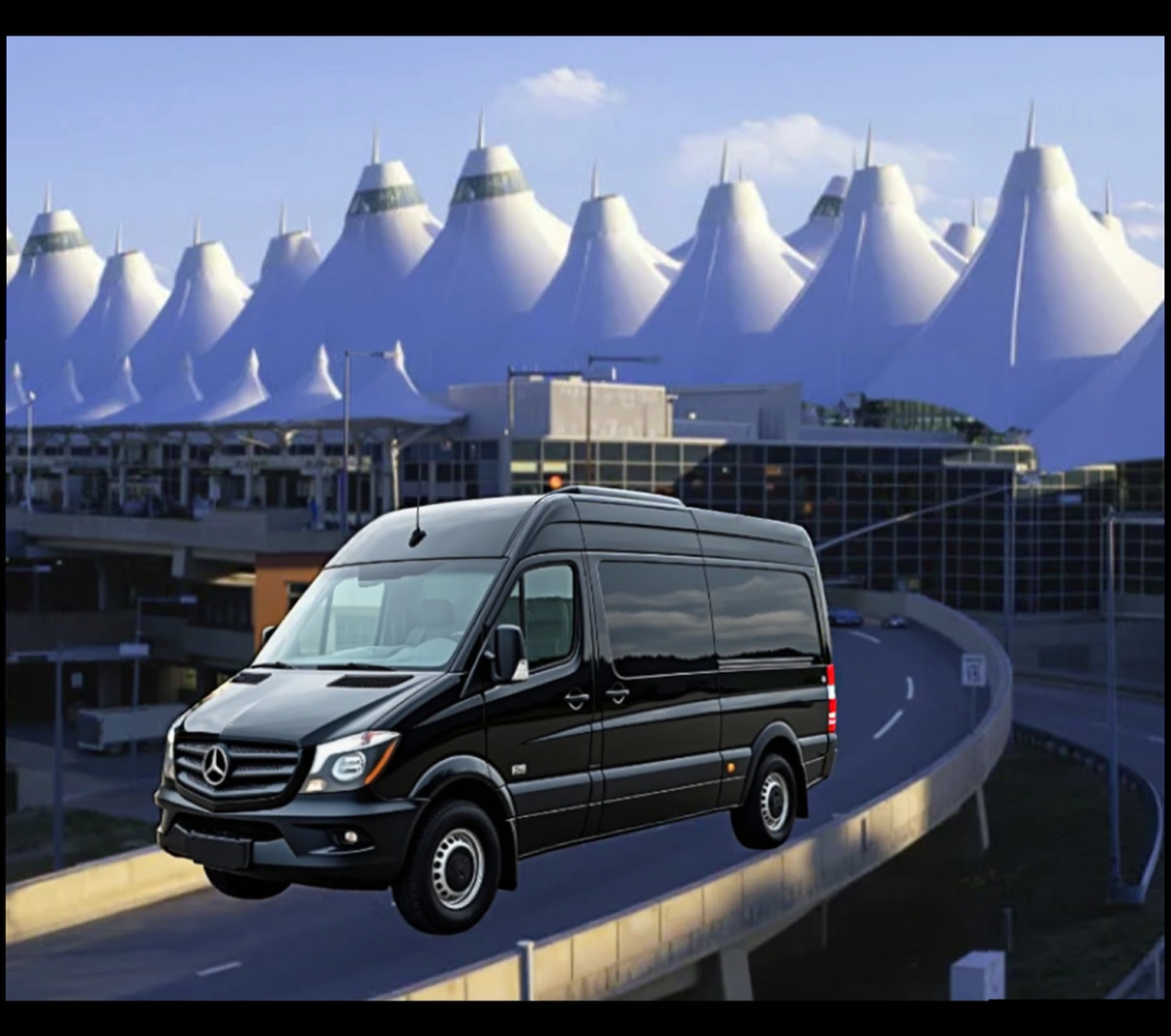 Black Sprinter van in front of Denver International Airport