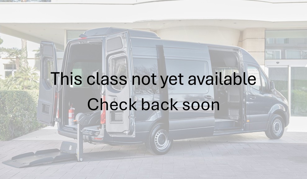 Black van with wheelchair lift. Caption reads "this class not yet available. Check back soon"