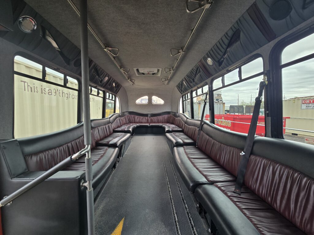 Interior of limo shuttle bus to Colorado Renaissance Festival