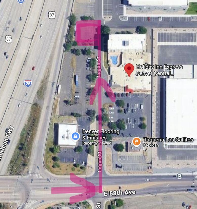 Map of shuttle pickup from North Denver - parking lot of Holiday Inn Express Denver Central - North to Colorado Renaissance Festival